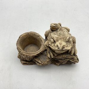 Vintage 70s Pompadour Frog Planter With Baby AF 77 Faux Wood Trinket Dish Rustic